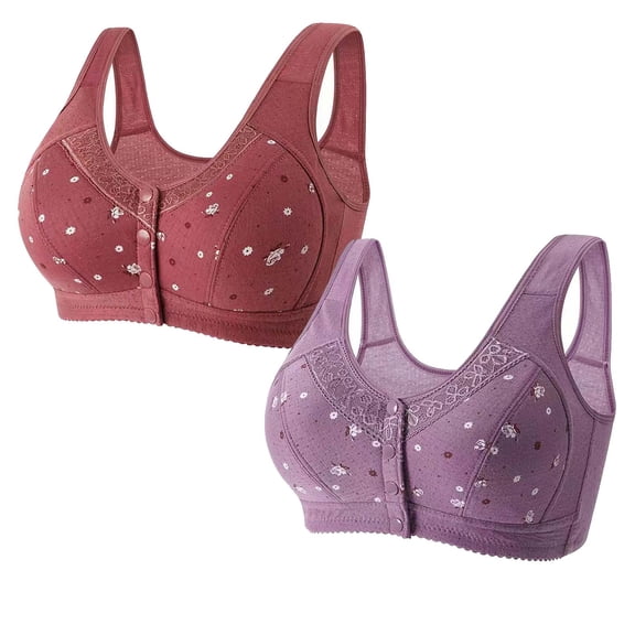 2 Pcs No Underwire Bras for Seniors Front Closure Button T-Shirt Bras Older Women Plus Size Wireless Push Up Brassiere, 46/105BC