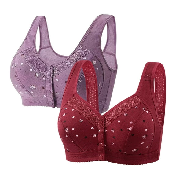 2 Pcs No Underwire Bras for Seniors Front Closure Button T-Shirt Bras Older Women Plus Size Wireless Push Up Brassiere, 48/110BC