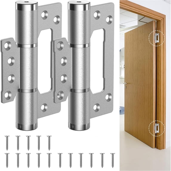 2 Pcs Non-Mortise Door Hinges, Self Closing Door Hinges, Stainless Steel Door Hinge, Soft Close Door Hinges with Silent Hydraulic Buffering, Easy to Install with Mounting Screws (2 Pcs, Silver)