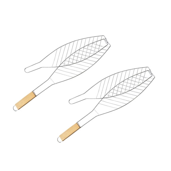 2 Pcs Non-Stick Barbecue Grilling Baskets with Heat-Resistant Wood Handles-silver-