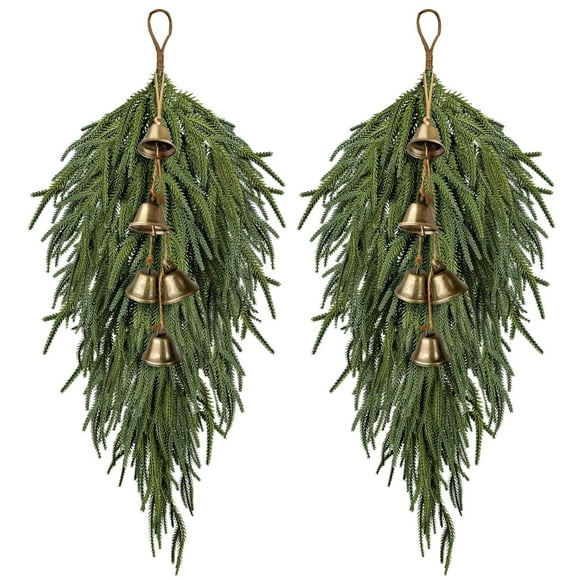 2 Pcs Norfolk Pine Christmas Swag with Bell,27.5inch Norfolk Pine Teardrop Swag,Christmas Teardrop Wreath for Door Window Mantle Fireplace Indoor Outdoor Home Decor