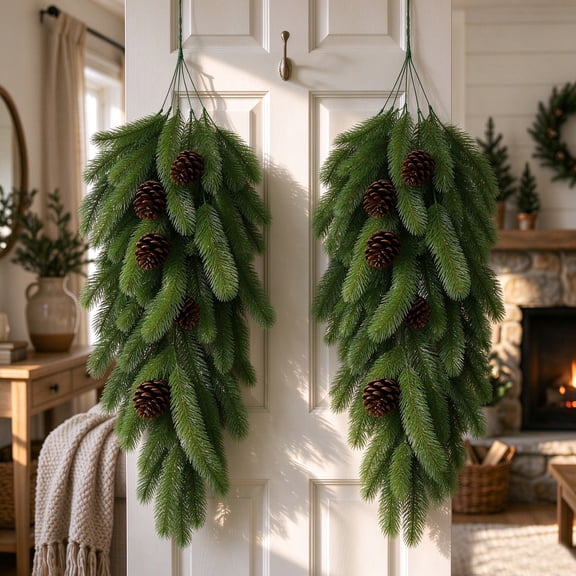 2 Pcs Norfolk Pine Christmas Swag ,Norfolk Pine Teardrop Swag,Christmas Teardrop Wreath for Door Window Mantle Fireplace Indoor Outdoor Home Decor