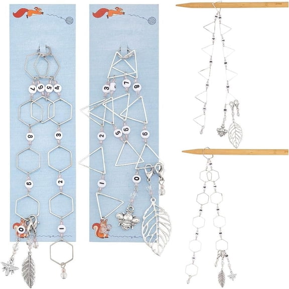 2 Pcs Number Beaded Knitting Row Counter Chains Alloy Leaf Stitch Markers Row Counting Accessories Triangle Hexagonal Ring Chain Row Counter for Sewing Knitting Crochet Tracking Colorful