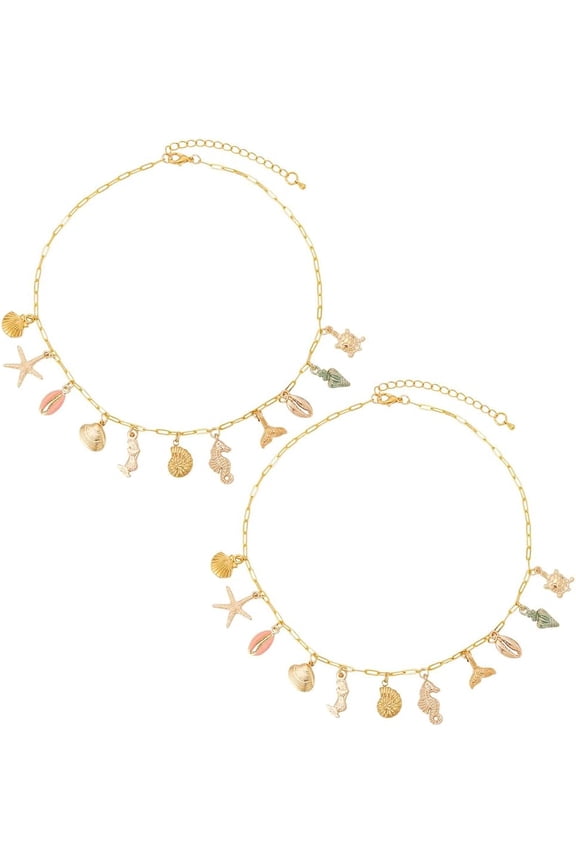 2 Pcs Ocean Theme Paperclip Chains Necklaces Golden Sea Animal Chains Metal Starfish Shell Conch Pendants for DIY Earring Necklace Bracelet Jewelry Golden 1set