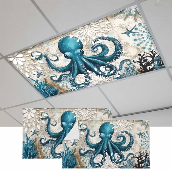 2 Pcs Octopus Fluorescent Light Covers Nautical Navy Blue Kraken Coral Vintage Coastal Map Magnetic Light Covers for Ceiling Lights 4 x 2 ft Drop Ceiling Lights Cover Shade for Office, Home, Hospital