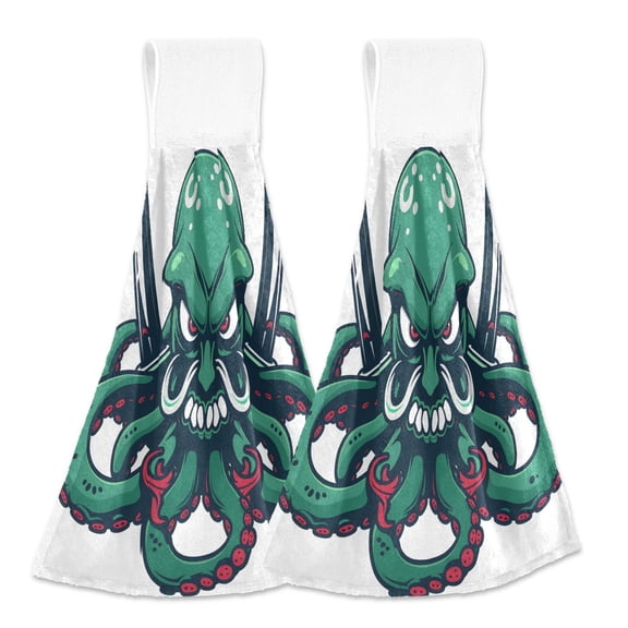 2 Pcs Octopus with Knife Kitchen Hand Towels with Hanging Loops Absorbent Soft Fast Drying Decor Bath Towels