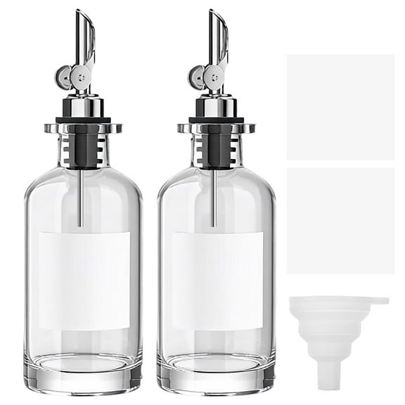 2 Pcs Olive Oil Dispenser Bottle, 11.8 Oz Glass Cruet with Auto Flip Lid and Weighted Pourer Spout, Kitchen Oil and Vinegar Bottle Set with Stickers, Funnel