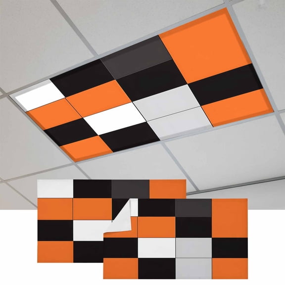 2 Pcs Orange Black Patchwork Fluorescent Light Covers Abstract Geometric Art Magnetic Light Covers for Ceiling Lights 4 x 2 ft Drop Ceiling Lights Cover Shade for Office, Home, Hospital