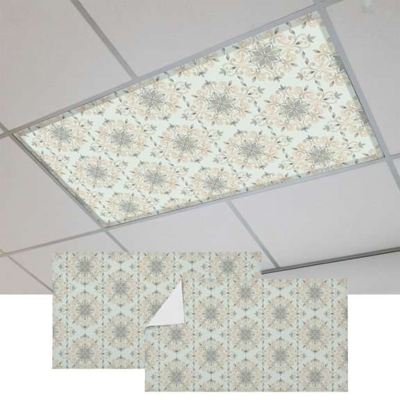2 Pcs Ornate Mandalas Fluorescent Light Covers Sage Green Pale Sand Bohemian Lace Flower Pattern Magnetic Light Covers for Ceiling Lights 4 x 2 ft Drop Ceiling Lights Cover Shade for Office, Home,