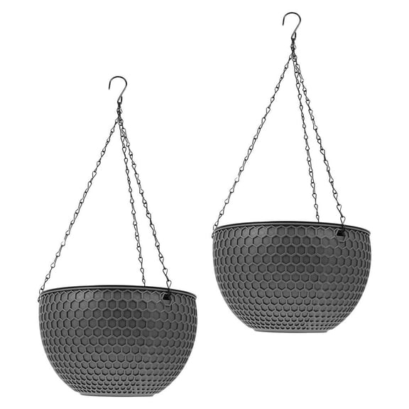 2 Pcs Outdoor Flower Pot Plants Decor Hanging Basket Round Dark Grey