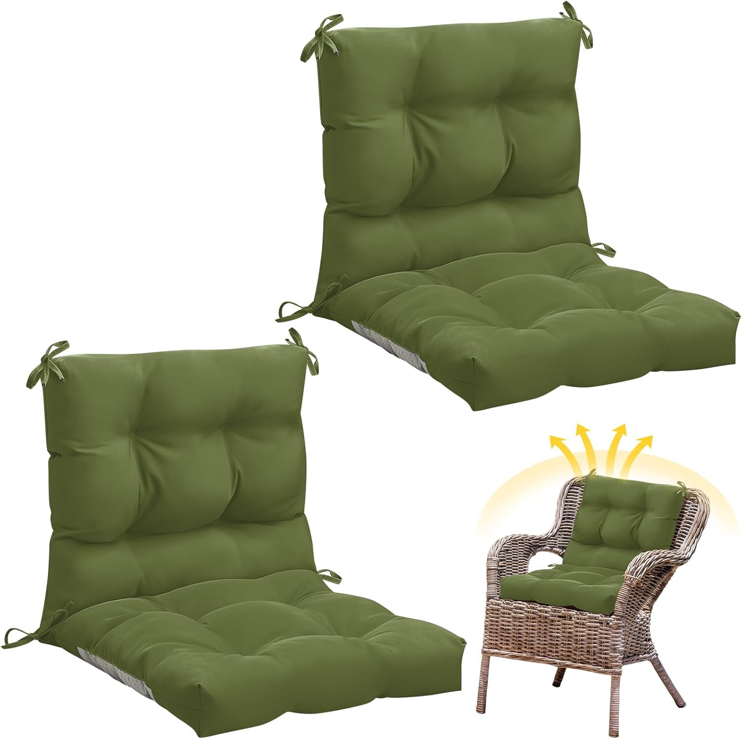 2 Pcs Outdoor Indoor High Back Chair Cushions Patio Furniture Tufted Pillow with Ties Water-Resistant Replacement Outdoor Rocking Chair Cushions, 42 x 21 Inches (Moss Green,Solid Color)