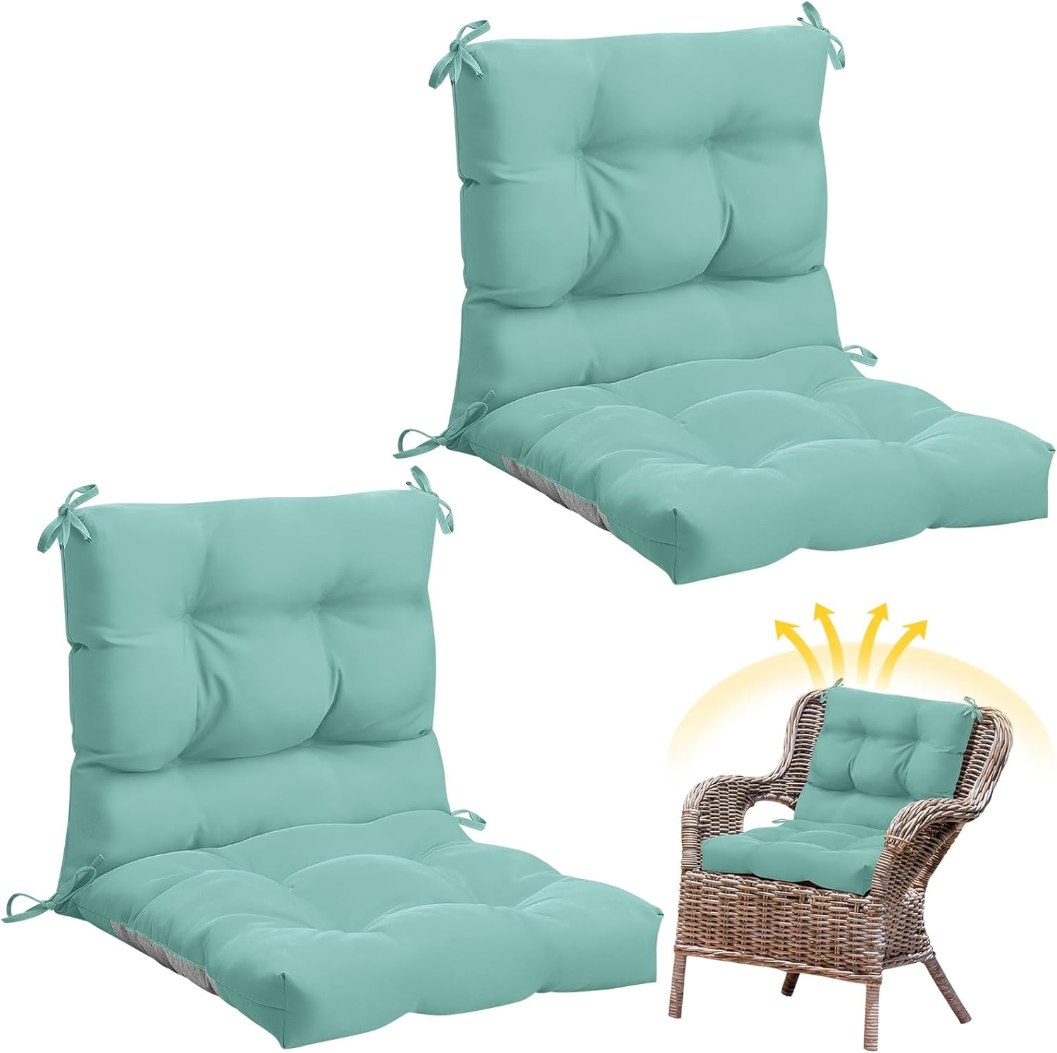2 Pcs Outdoor Indoor High Back Chair Cushions Patio Furniture Tufted Pillow with Ties Water-Resistant Replacement Outdoor Rocking Chair Cushions, 42 x 21 Inches (Light Green,Solid Color)