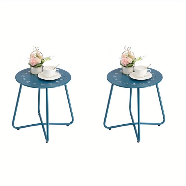 2 Pcs Outdoor Patio Side Table, Small Round Metal End Table with Flower
