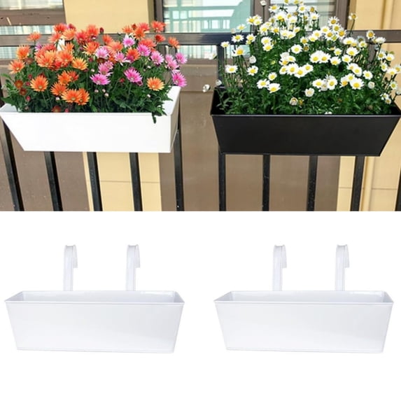 2 Pcs Outdoor Planter Box 16 inch Large Hanging Flower Pots Iron Hanging Flower Pot Railing Pots Planters Succulents Bucket Wall Mount Fence Planter for Balcony Patio Garden Home Decor,White