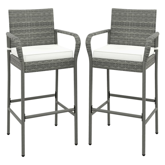 2 Pcs Outdoor Wicker Rattan Patio Bar Stools Counter Bar Height Chairs,Cushions,Mix Gray