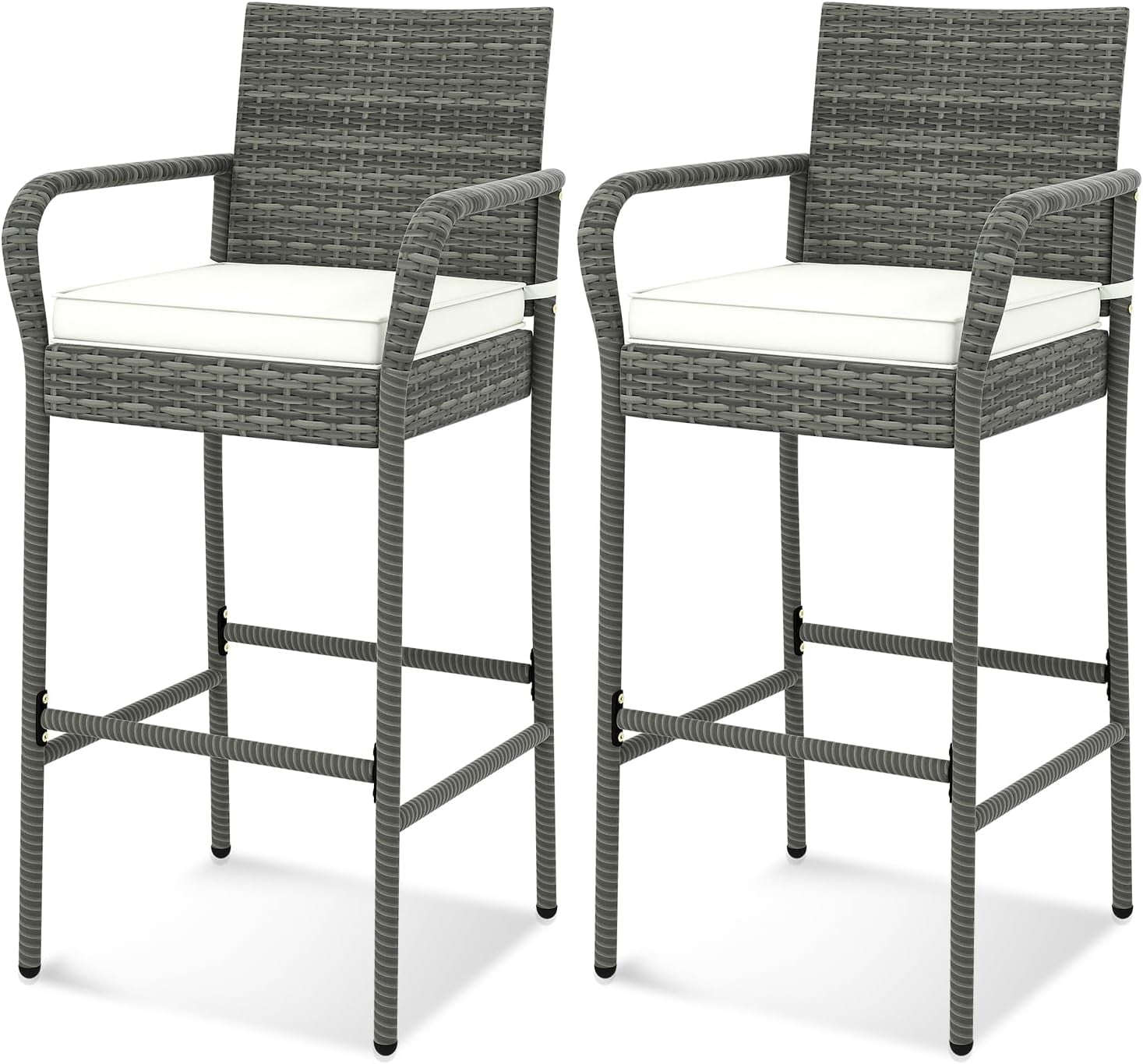 2 Pcs Outdoor Wicker Rattan Patio Bar Stools Counter Bar Height Chairs,Cushions,Mix Gray