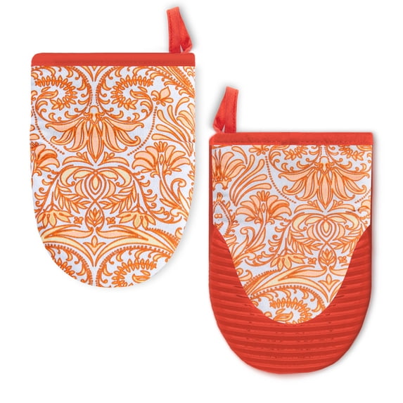 2 Pcs Oven Mitts Non-Slip Cotton Mitts Set for Kitchen Baking Cooking,Boho Orange And White Floral Pattern
