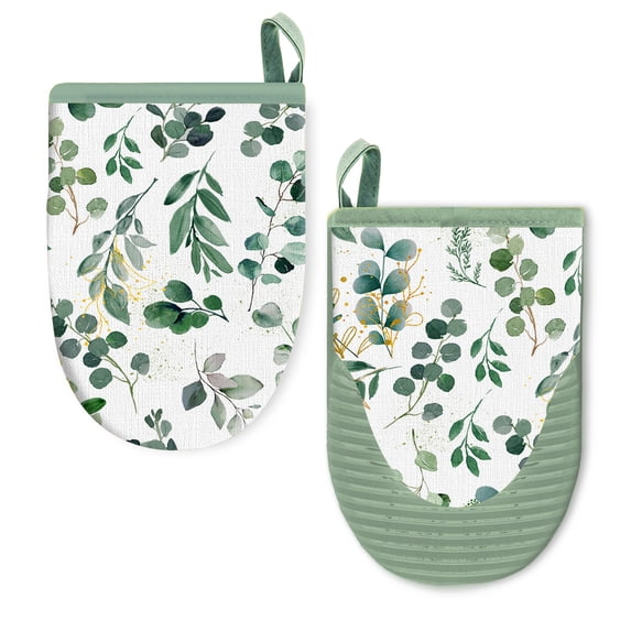 2 Pcs Oven Mitts Non-Slip Cotton Mitts Set for Kitchen Baking Cooking,Green Eucalyptus Leaves On A White Background