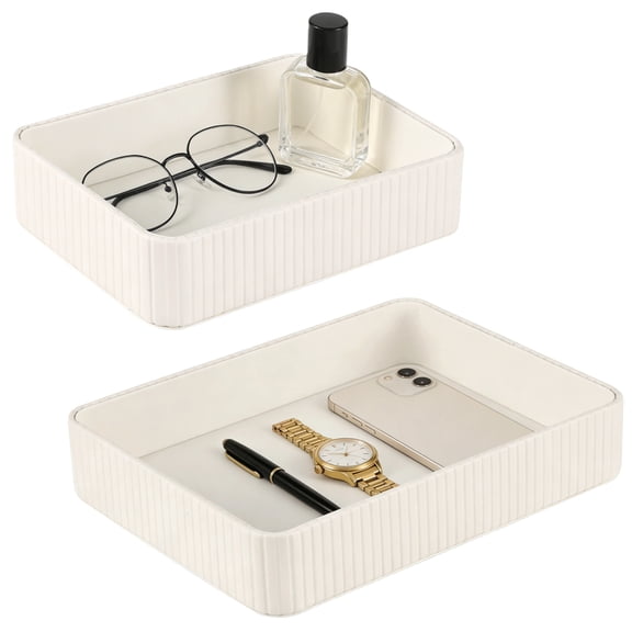 2 Pcs PU Leather Valet Tray Set, Large and Small Nightstand Organizer Tray, Modern Decorative Trinket Dish Key Bowl for Entryway, Living Room, Bedroom, Bathroom