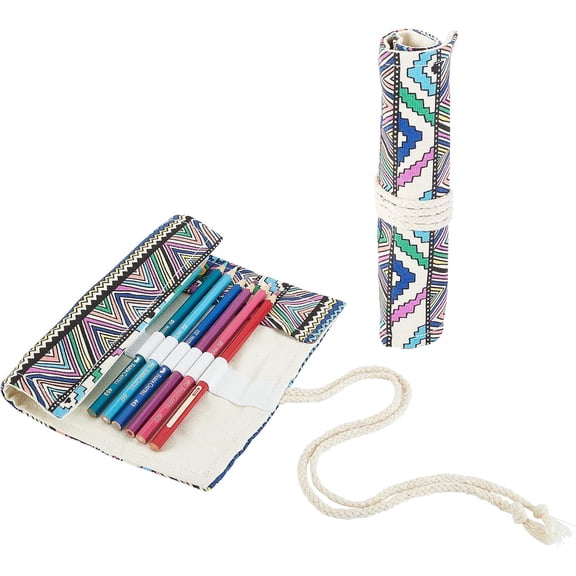2 Pcs Paint Brush Roll Up Bag 2 Styles 12 Slots/20 Slots Boho Canvas Pencil Roll Wrap Pouch Makeup Brushes Case Watercolor Brush Holder Organizer Foldable Geometric Pattern for DIY