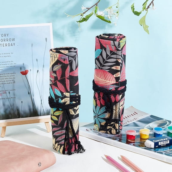 2 Pcs Paint Brush Roll Up Bag 2 Styles 24 Slots/48 Slots Boho Canvas Pencil Roll Wrap Pouch Makeup Brushes Case Watercolor Brush Holder Organizer Foldable Leaf Pattern