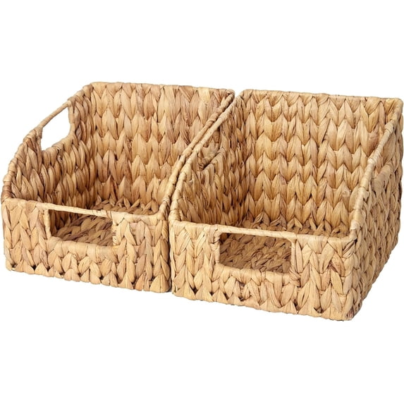 2 Pcs Pantry Baskets for Organizing, Handwoven Wicker Storage Baskets, Water Hyacinth with Wooden Handles