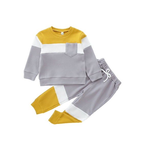 2 Pcs Pants Outfits for Kids, Boys Waffle Contrast Color Long Sleeve Tops + Drawstring Pants Set