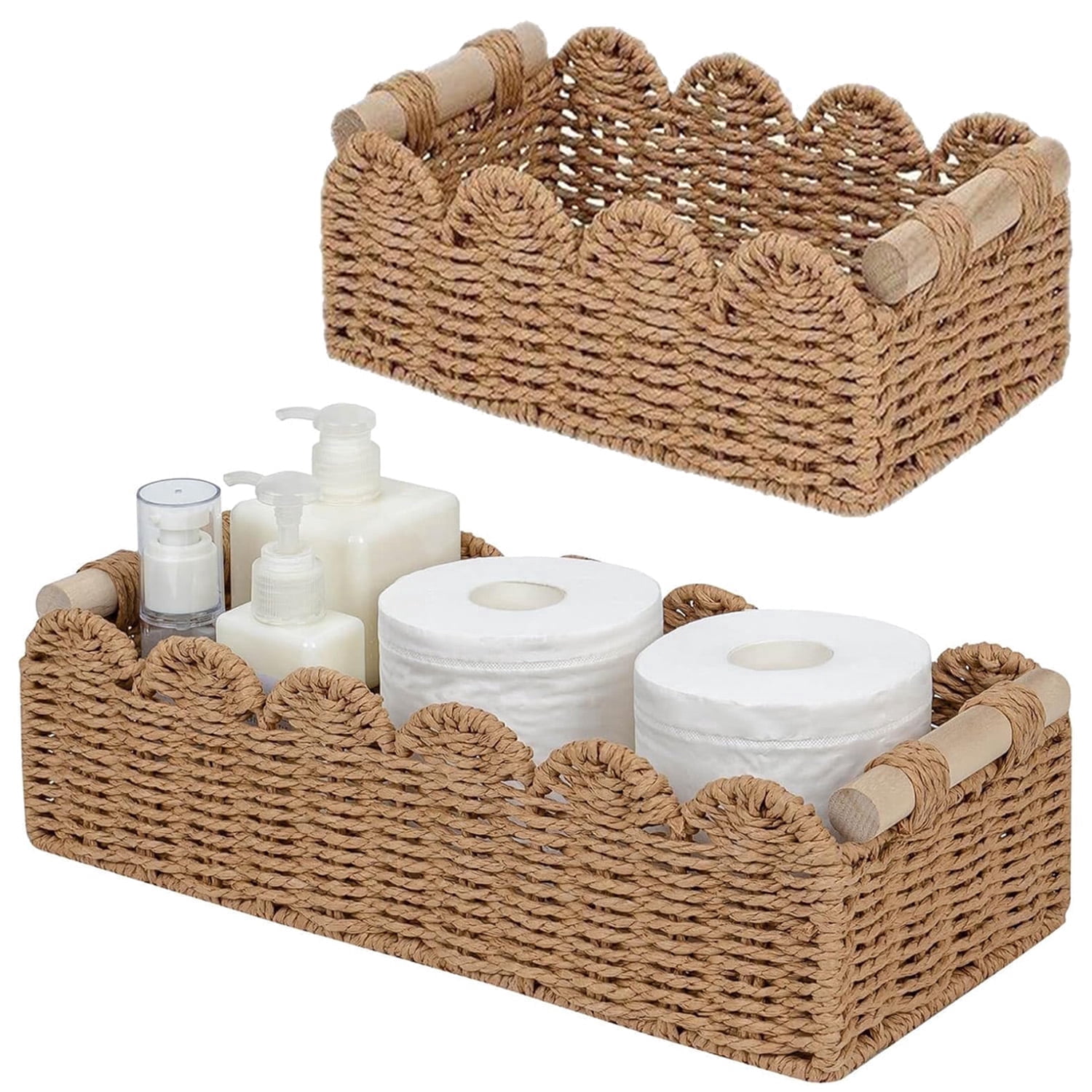 HuaArt 2 Pcs Paper Rope Scalloped Edge Decor Baskets, Toilet Basket for Over Toilet Storage Shelf, End Table, Neutral