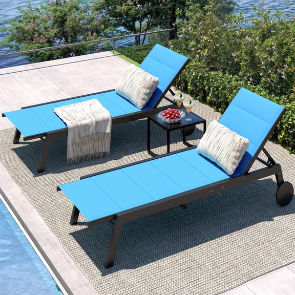 2 Pcs Patio Chaise Lounge Chairs with Side Table, 5-Position Adjustable Outdoor Pool Loungers, Blue