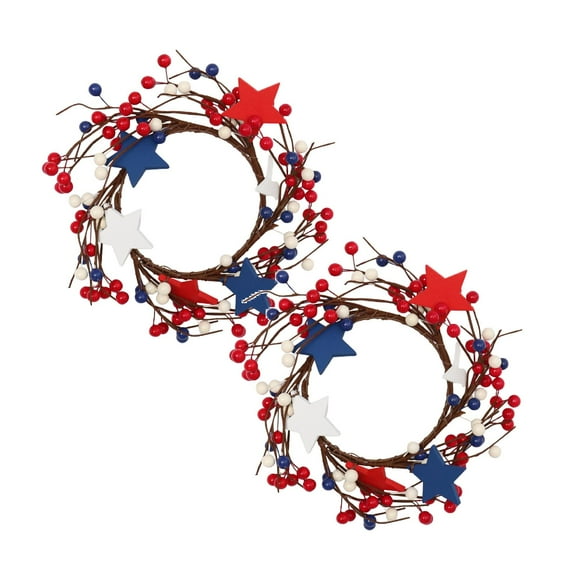 2 Pcs Patriotic Candle Rings Wreaths Summer White & Red& Blue Mixed Berries & Pip Berry Candle Rings Artificial Candle Holder 10" for 4 of July Home Kitchen Table Centerpiece