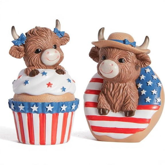 2 Pcs Patriotic Highland Cow Decor American Flag Figurines For 4th Of July Memorial Day, Red White Blue Resin Cow Statues For 250th Anniversary Home Table Garden Decor