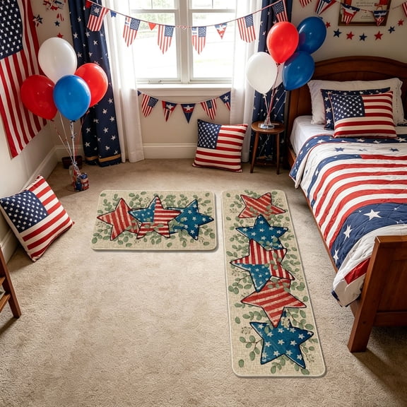 2 Pcs Patriotic Star Kitchen Floor Mat,Non-Slip Farmhouse Doormat for Independence Day Memorial Day Front Door,Entryway,Indoor,Outdoor,Home Decor