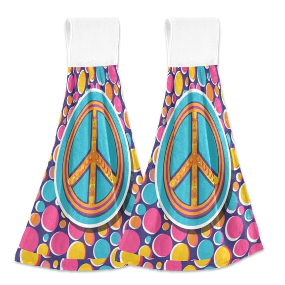 2 Pcs Peace Love Sign Kitchen Hand Towels with Hanging Loops Absorbent Soft Fast Drying Decor Bath Towels