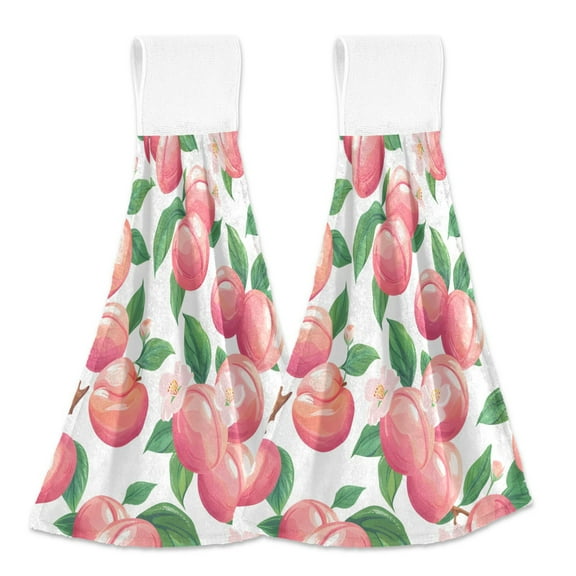 2 Pcs Peach with Leaf Kitchen Hand Towels with Hanging Loops Absorbent Soft Fast Drying Decor Bath Towels