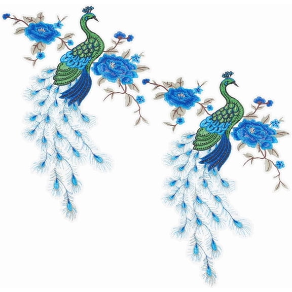 2 Pcs Peacock Polyester Blue Applique 15.7x12inch Sew on Flower Patches Peacock Flower Embroidered Patches Appliques