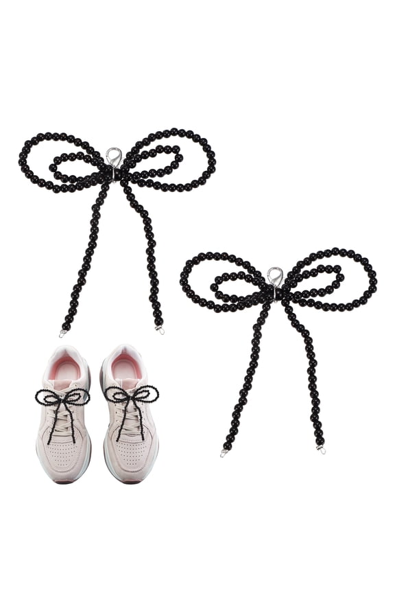2 Pcs Pearl Bow Shoe Charm for Sneakers Double Bowknot Shoes Decoration Buckle Pearl Beaded Chain for DIY Dress Shoelace Accessories Gift Jewelry Clothes, Black