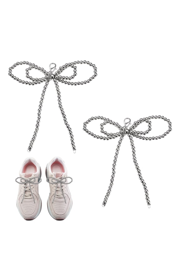 2 Pcs Pearl Bow Shoe Charm for Sneakers Double Bowknot Shoes Decoration Buckle Pearl Beaded Chain for DIY Dress Shoelace Accessories Gift Jewelry Clothes, Silver Tone