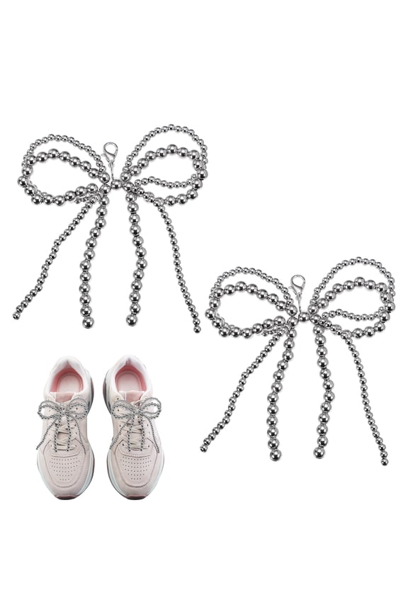 2 Pcs Pearl Bow Shoe Charm for Sneakers Double Pearls Bowknot Shoes Decoration Buckle Pearl Beaded Chain for DIY Dress Shoelace Accessories Gift Jewelry Clothes, Silver Tone