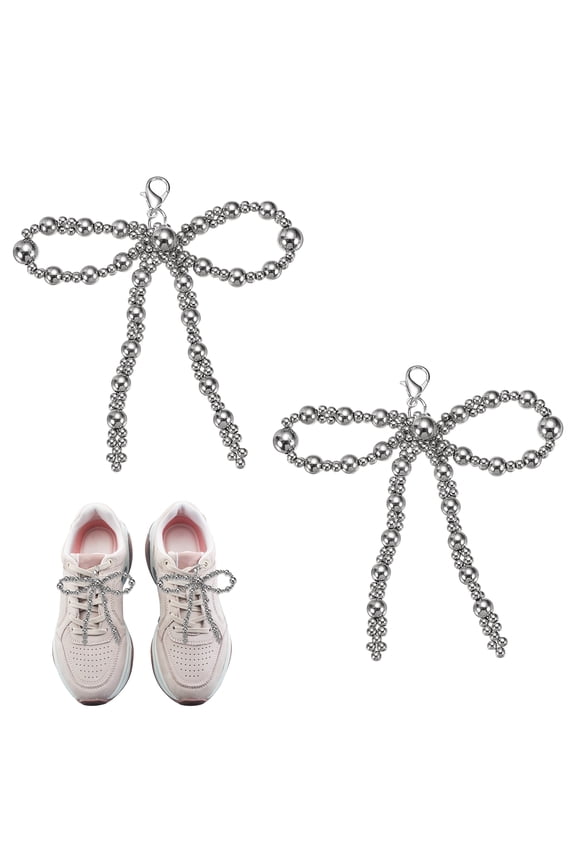 2 Pcs Pearl Bow Shoe Charm for Sneakers Pearl Bowknot Shoes Decoration Buckle Pearl Beaded Chain for DIY Dress Shoelace Accessories Gift Jewelry Clothes, Silver Tone