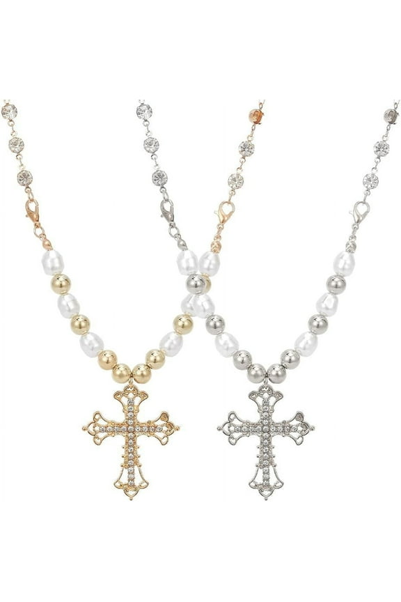 2 Pcs Pearl Cross Vintage Necklaces for Women Crystal Cross Necklace Gold Silver Big Pearl Stainless Steel Bead Necklace Long Pearl Cross Choker Necklace Chain Gothic Jewelry Wedding