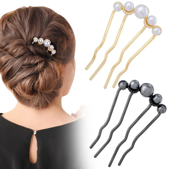 2 Pcs Pearl Hair Pins U Shaped, Elegant Vintage French Pearl Hair Comb, French Twist Hair Pin for Brides, Bridesmaid, Party, Daily, Holiday (Gold, Gun Black)