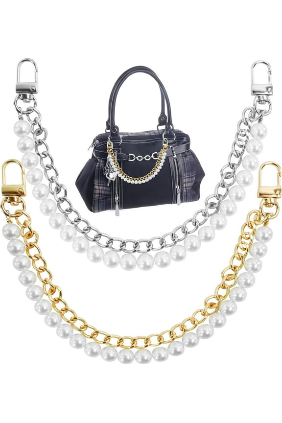 2 Pcs Pearl Purse Chain Handbag Straps, Metal Shoulder Crossbody Bags Short Handle Replacement Bag Charm Chain, Purse Charms for Handbags(Gold and Silver)