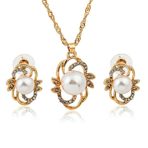 2 Pcs Pearl Rhinestone Crystal Peacock Themed Necklace + Earrings Jewelry Set