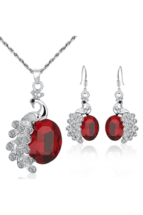 2 Pcs Pearl Rhinestone Crystal Peacock Themed Necklace + Earrings Jewelry Set