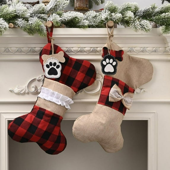 2 Pcs Pet Dog Christmas Stockings, Buffalo Plaid Large Bone Shape Pets Stockings For Dogs Christmas Decorations