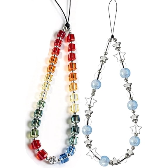 2 Pcs Phone Charm Strap Hand Wrist Strap Camera Lanyard Pearl Beaded Cute Chain String Accessories Universal for iPhone 17 Pro Max 16 15 Women Girls Keychain Bling Rainbow Multicolor and Silver Star