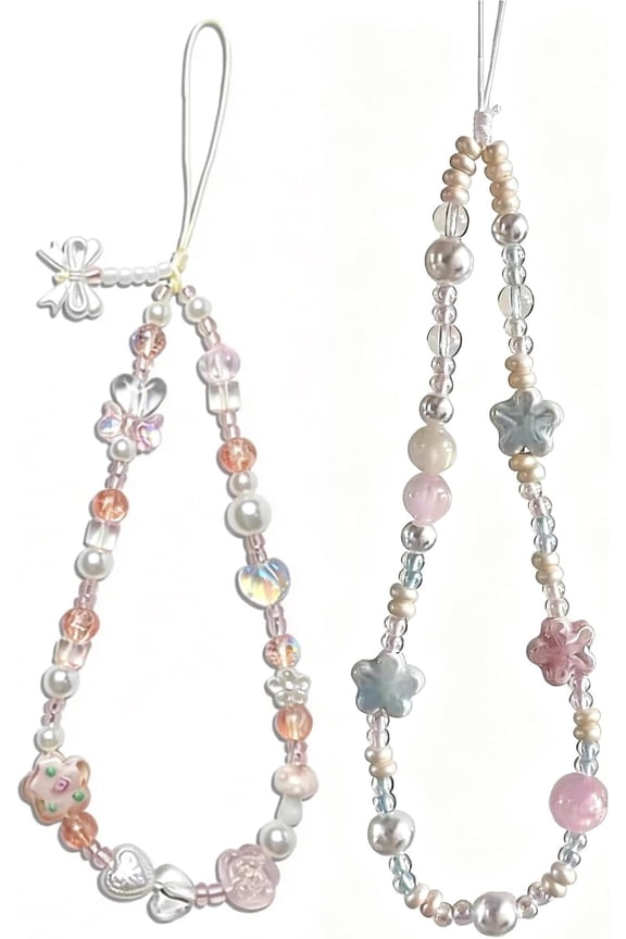 2 Pcs Phone Charm Strap Hand for iPhone Wrist Strap Camera Lanyard Pearl Beaded Cute Chain String Accessories Universal for iPhone 17 Pro Max 16 15 Samsung Women Girls Keychain Bow Flower Blue Flower