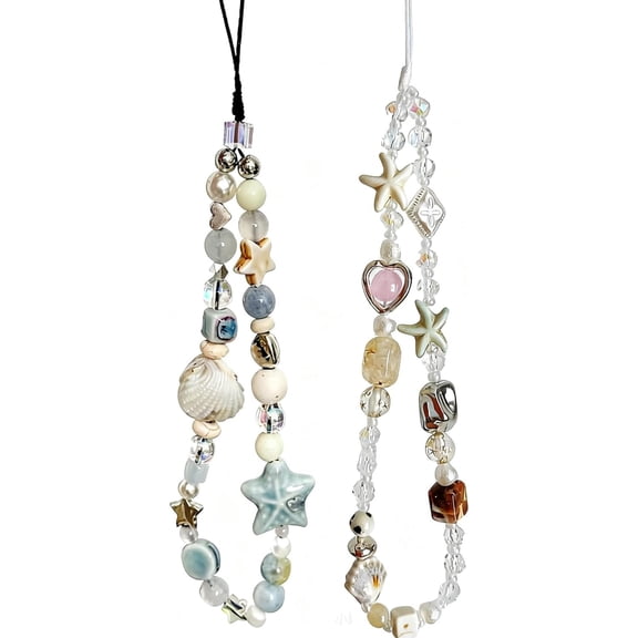 2 Pcs Phone Charm Strap Universal Hand Phone Wrist Strap Camera Lanyard Pearl Beaded Cute Chain String Accessories Universal for iPhone 16 Pro Max Samsung Women Girls Phones Bag Keychain Beach Style