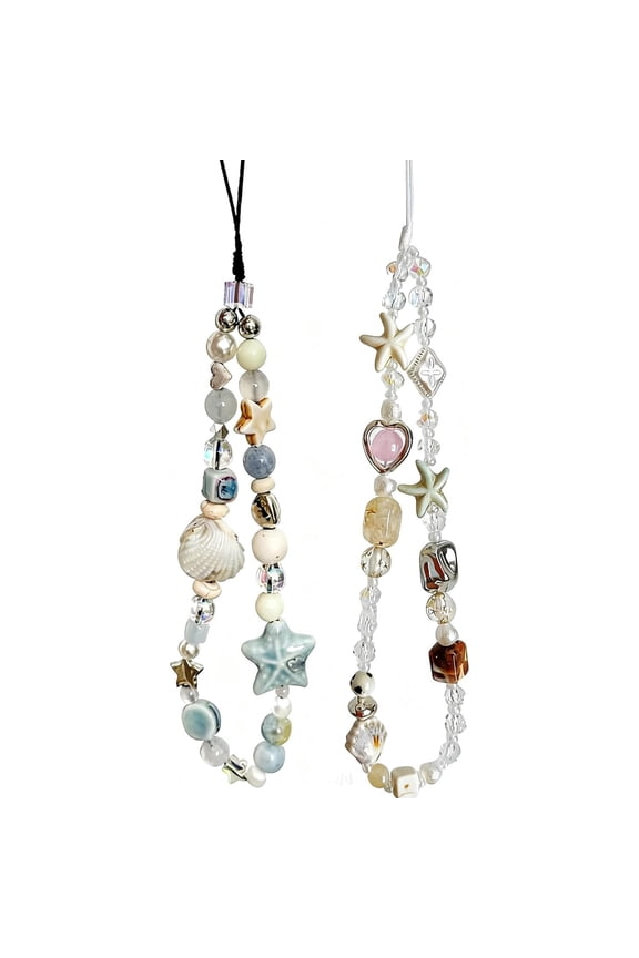 2 Pcs Phone Charm Strap Universal Hand Phone Wrist Strap Camera Lanyard Pearl Beaded Cute Chain String Accessories Universal for iPhone 16 Pro Max Samsung Women Girls Phones Bag Keychain Beach Style