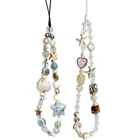 2 Pcs Phone Charm Strap Universal Hand Phone Wrist Strap Camera Lanyard Pearl Beaded Cute Chain String Accessories Universal for iPhone 16 Pro Max Samsung Women Girls Phones Bag Keychain Beach Style